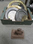 A TRAY OF PEWTER CHARGERS , BRASS WARE , CAST IRON DOOR STOP A/F