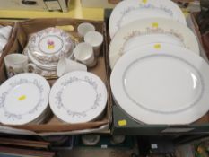 TWO TRAYS OF DINNERWARE ETC TO INCLUDE SEVERAL MINTON SILVER SCROLL PLATTERS ETC