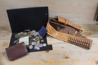 A SMALL TIN OF COLLECTABLE COINAGE TOGETHER WITH A LEATHER BELT WITH HOLSTER