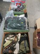 FOUR TRAYS OF ARMY SURPLUS CLOTHING AND ACCESSORIES ETC