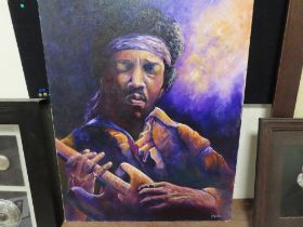 AN OIL ON CANVAS DEPICTING JIMI HENDRIX SIGNED LOWER RIGHT P REVELL