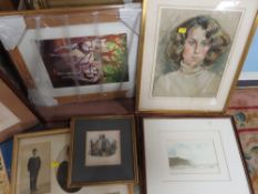 A SELECTION OF PICTURES, PRINTS AND MIRRORS TO INCLUDE A SIGNED PASTEL PORTRAIT OF A LADY