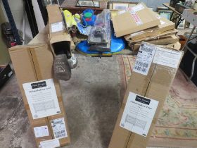 A MIXED LOT OF BOXED GAS COOKER FITTINGS, RADIATOR COVERS, FISHING ROD AND GOLF CLUBS ETC