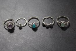 A COLLECTION OF FIVE 925 SILVER GEMSTONE DRESS RINGS TO INC AMETHYST, TURQUOISE ETC