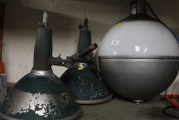 THREE INDUSTRIAL LIGHTS TO INCLUDE A HANGING GLOBE LIGHT