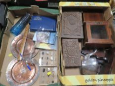 TWO TRAYS SUNDRIES TO INCLUDE WOODEN ITEMS, DECO FIGURAL GLASS ETC
