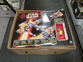 A BOX OF VINTAGE TOYS TO INCLUDE CARDED CORGI ROCKETS, SUBBUTEO FOOTBALL EXPRESS AND STAR WARS