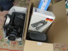 A TRAY OF CAMERAS AND BINOCULARS TO INCLUDE A MINOLTA AND A BOXED PAIR OF STEINER GERMANY
