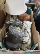 TWO TRAYS OF ASSORTED CERAMIC , GLASS ETC TO INCLUDE WHITE METAL DUCKS ON A PLINTH ETC