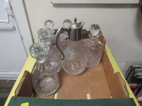 A TRAY OF ASSORTED DECANTERS ETC