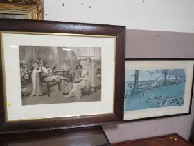 A VINTAGE OAK FRAMED PRINT, HUNTING PRINT AND A PAIR OF LANDSCAPE PRINTS (4)