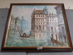 A FRAMED OIL ON CANVAS OF A VENETIAN SCENE SIGNED LOWER RIGHT F ROSSI