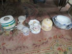 A QUANTITY OF ANTIQUE CERAMICS TO INCLUDE VARIOUS SIZE LOVING CUPS , CERAMICS GIN BARREL WITH TAP