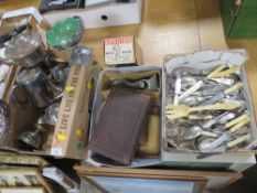 THREE SMALL TRAYS OF ASSORTED SILVER PLATED WARE , FLATWARE , MINCER ETC