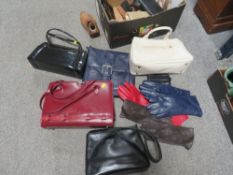A TRAY OF ASSORTED VINTAGE HANDBAGS, PURSES , GLOVES ETC