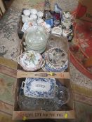 THREE TRAYS OF ASSORTED CERAMICS AND GLASS TO INCLUDE TEA POT , JUGS ETC