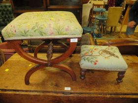 AN ANTIQUE MAHOGANY 'X-FRAME' STOOL PLUS A SMALL STOOL AND CHAIR (3)