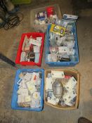 FIVE TRAYS OF ELECTRICAL SWITCHES AND LIGHT FITTINGS ETC
