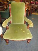 AN ANTIQUE MAHOGANY UPHOLSTERED ARMCHAIR