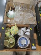 TWO TRAYS OF ASSORTED CERAMICS AND GLASS TO INCLUDE DOULTON, CHARLES DICKENS FIGURES, CUT GLASS