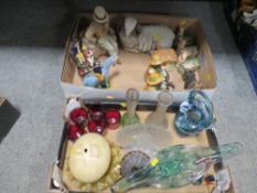 TWO TRAYS OF CERAMICS AND GLASS TO INCLUDE HAND BLOWN GLASS BASKET ETC