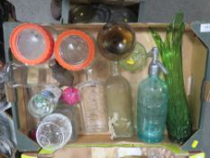A TRAY OF ASSORTED GLASSWARE ETC TO INCLUDE A J BURGESS AMPTHILL SYPHON