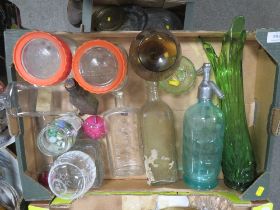 A TRAY OF ASSORTED GLASSWARE ETC TO INCLUDE A J BURGESS AMPTHILL SYPHON