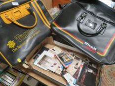 TWO VINTAGE SPORTS BAGS TOGETHER WITH A TRAY OF POSTCARDS