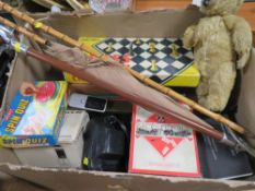 A TRAY OF VINTAGE BOARD GAMES , CAMERA EQUIPMENT SHOOTING STICK ETC