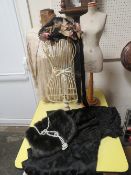 A VINTAGE DRESS MAKERS DUMMY WITH TWO OTHERS TOGETHER WITH ANTIQUE AND VINTAGE CLOTHING ITEMS