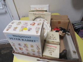 A TRAY OF CHINA AND ACCESSORIES TO INCLUDE ROYAL DOULTON BUNNYKINS