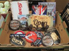 BOX OF METAL SIGNS, CAST IRON ETC