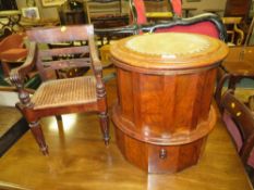 AN ANTIQUE MAHOGANY COMMODE AND A CHILDS CHAIR
