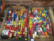 TWO TRAYS OF ASSORTED MATCHBOX CARS, VEHICLES, SHIPS ETC