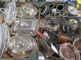 TWO TRAYS OF SILVER PLATED/ METAL WARE TO INCLUDE TUREEN AND WINE BOTTLE COASTERS