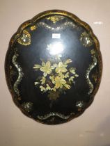 A VICTORIAN PAPIER MACHE AND MOTHER OF PEARL PLAQUE - 66 x 55 cm