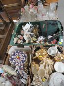 THREE TRAYS OF ASSORTED CERAMICS TOGETHER WITH TWO SMALL TRAYS OF GLASS WARE
