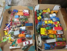 TWO TRAYS OF ASSORTED DIECAST CORGI CARS, VEHICLES, MILITARY AND SMALL DIECAST AIRCRAFT