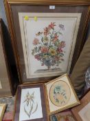 TWO LARGE FRAMED AND GLAZED STILL LIFE STUDY PLATES OF FLOWERS IN VASES TOGETHER WITH VARIOUS FLORAL