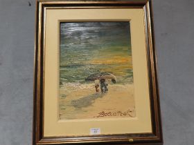 A FRAMED OIL ON BOARD OF A FISHERMAN CARRYING A BOAT SIGNED LOWER RIGHT DETAILS VERSO- ON PICTURE WA
