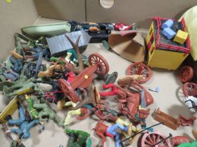 A LARGE SELECTION OF VINTAGE TIMPO WILD WEST FIGURES, INDIANS, CARRIAGES`, AIRFIX FIGURES ETC