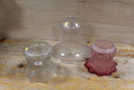 TWO VINTAGE ETCHED OIL LAMP SHADES TOGETHER WITH A BLOWN GLASS BELL CLOCHE