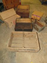 A SELECTION OF VINTAGE WOODEN STORAGE BOXES TO INCLUDE CASH BOX AND A CRATE