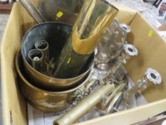 A TRAY OF ASSORTED SILVER PLATED WARE AND BRASS WARE TO INCLUDE CANDLESTICKS . TABLE CANNON , TRENCH