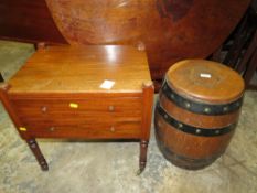 A VINTAGE BANDED BARREL AND A 19TH CENTURY MAHOGANY TWO DRAWER STOOL (2)