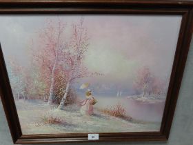 A FRAMED OIL ON CANVAS OF A GIRL BY A BOATING LAKE SIGNED LOWER LEFT