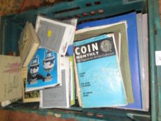 A TRAY OF ASSORTED EPHEMERA TO INCLUDE OBSERVER GUIDE , ANTIQUE MAGAZINES ETC