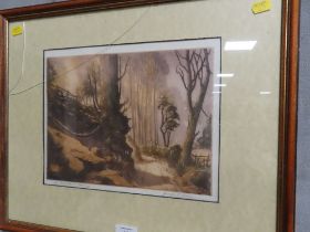 JOSEPH F PIMM - A FRAMED AND GLAZED SIGNED AQUATINT ENTITLED A WOODLAND BYWAY SIGNED LOWER RIGHT