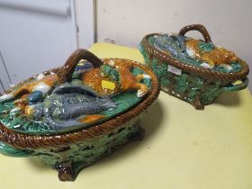 TWO MODERN MAJOLICA LIDDED GAME POTS