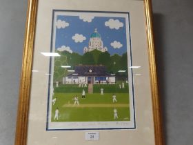 A GILT FRAMED AND GLAZED SIGNED LIMITED EDITION PRINT BY CHAS ENTITLED THE CRICKET MATCH